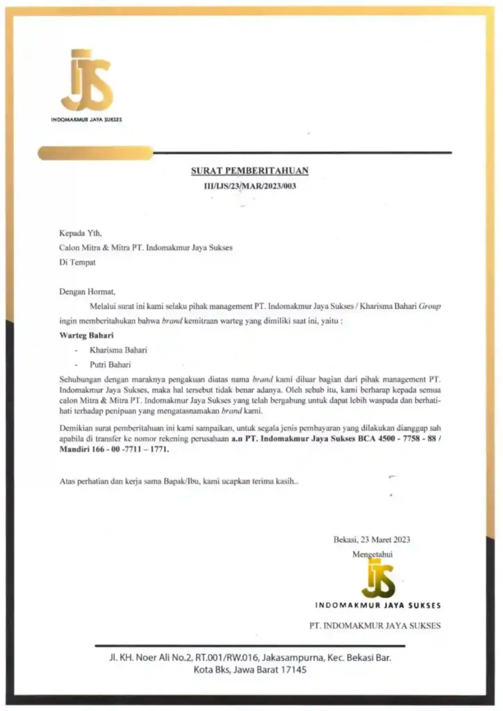 Surat Pemberitahuan Putri Bahari